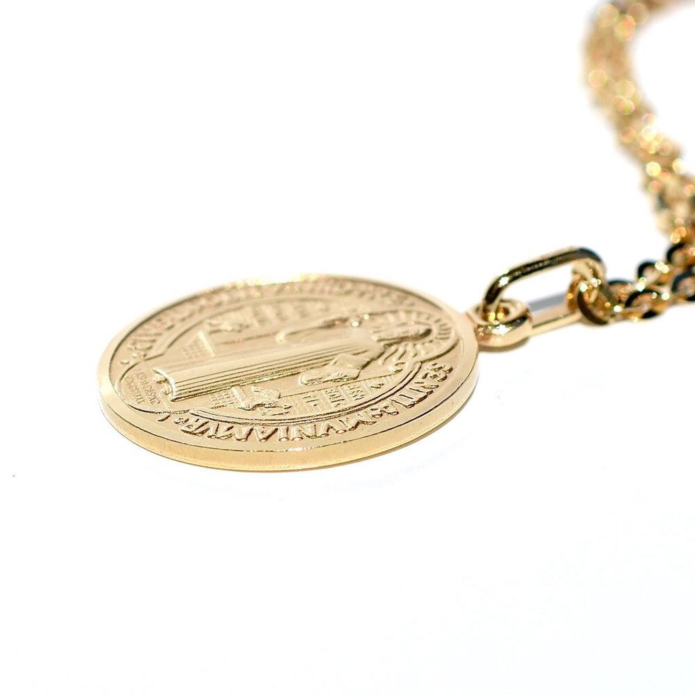 SOLID 14K YELLOW GOLD ST SAINT BENEDICT 17 MM MEDAL WITH CROSS, MADE IN ITALY - Picture 5 of 7